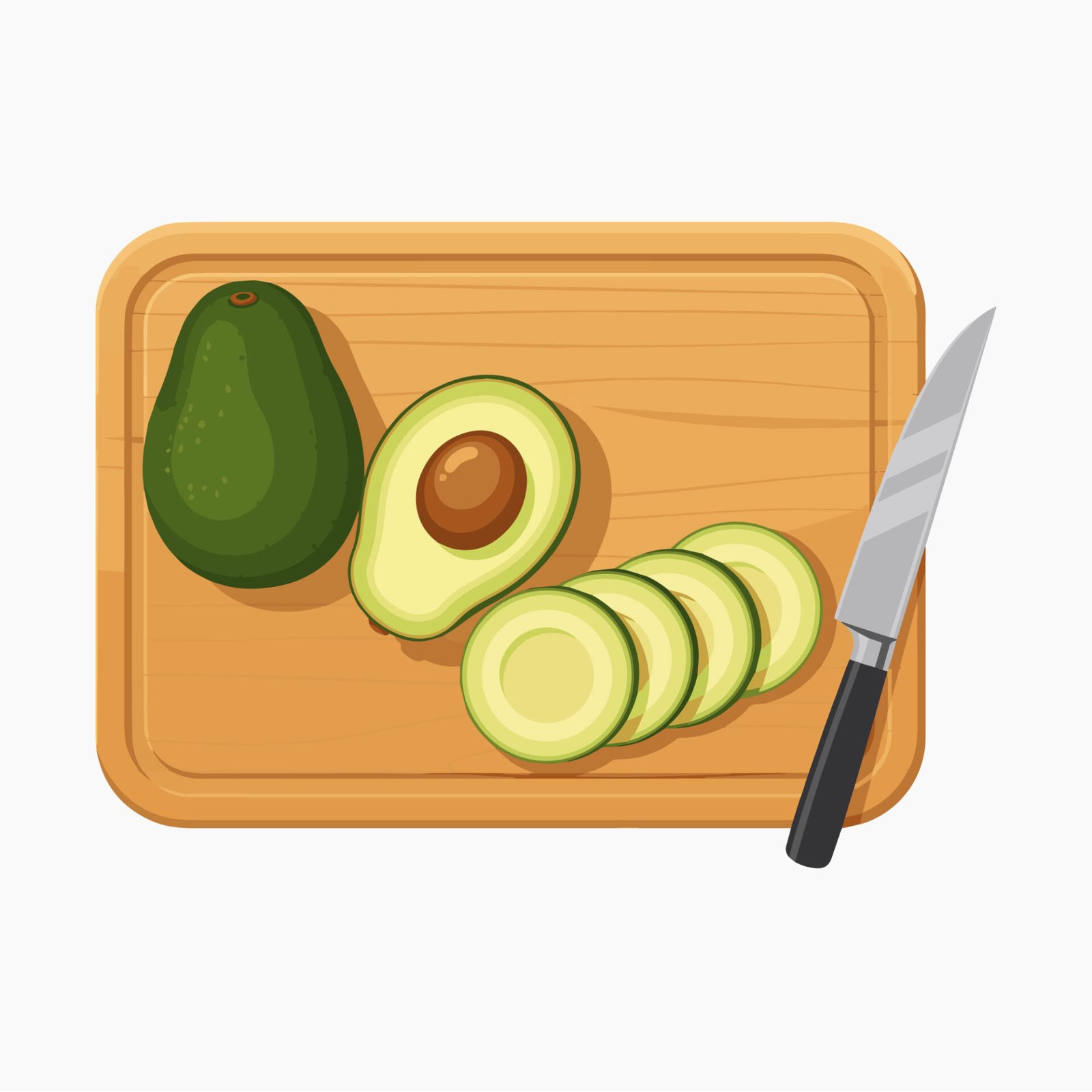 fresh-avocado-sliced-on-wooden-cutting-board-vector