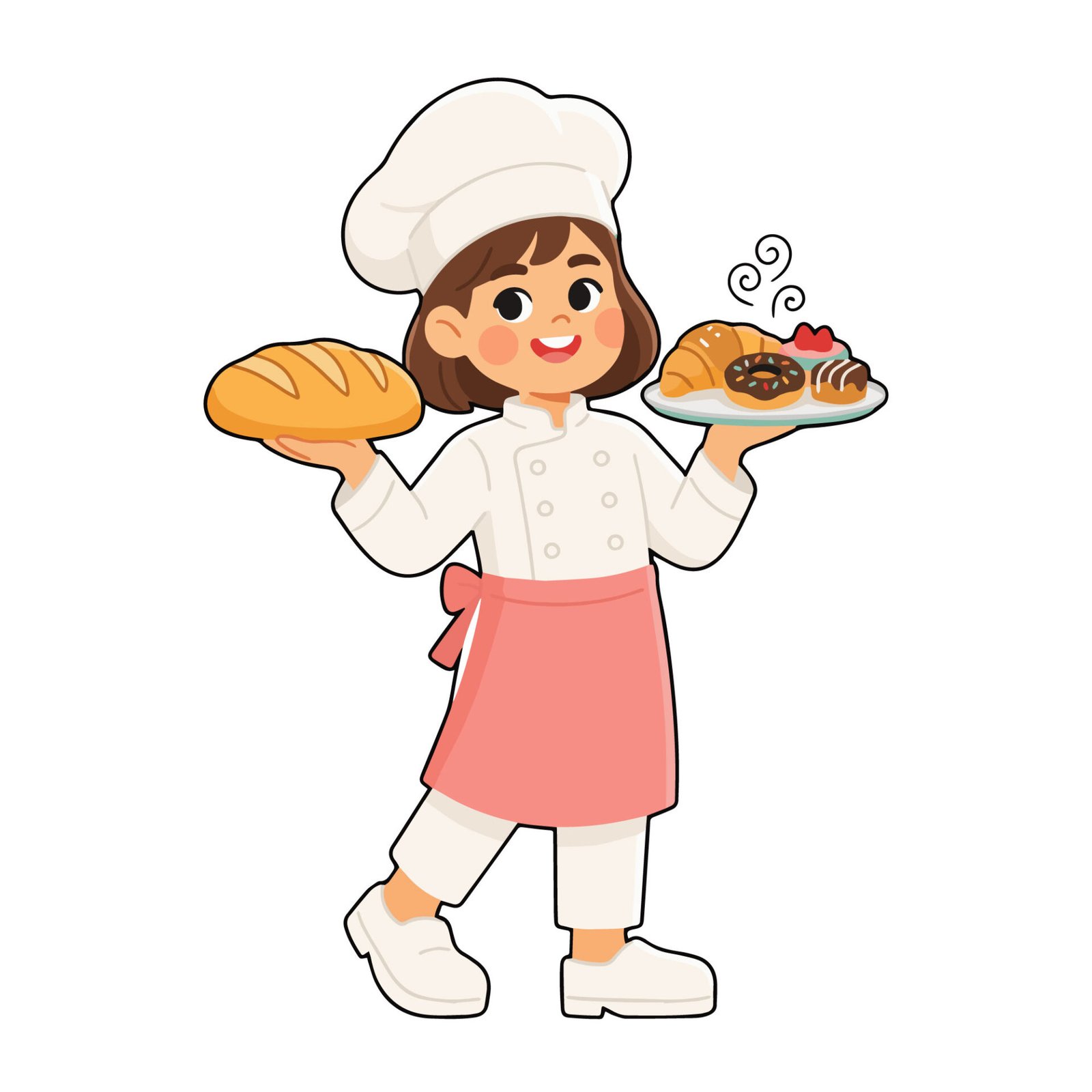 cute-girl-baker-holding-bread-and-pastries-vector-illustration