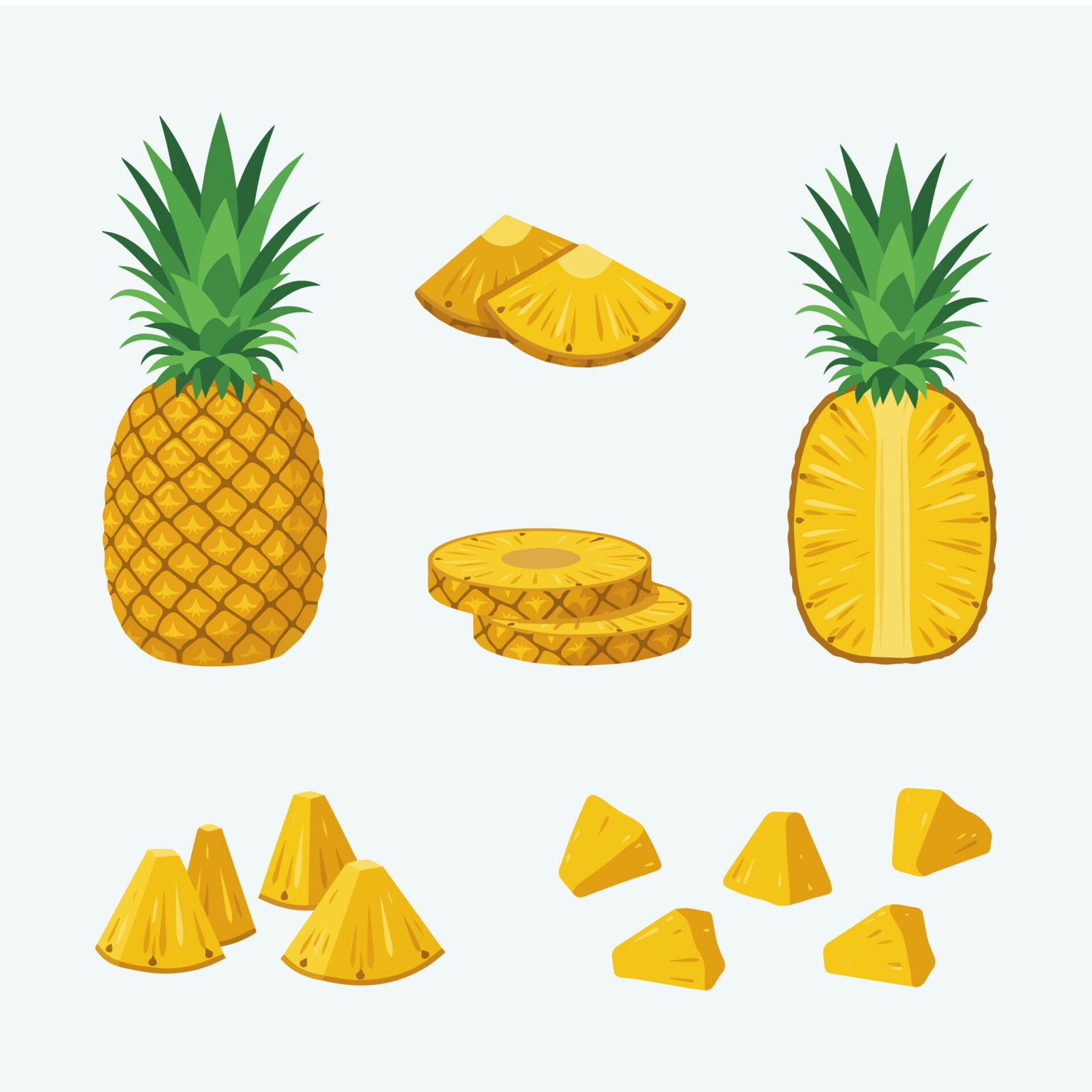 fresh-pineapple-fruit-set-with-slices-and-chunks-vector-illustration-isolated