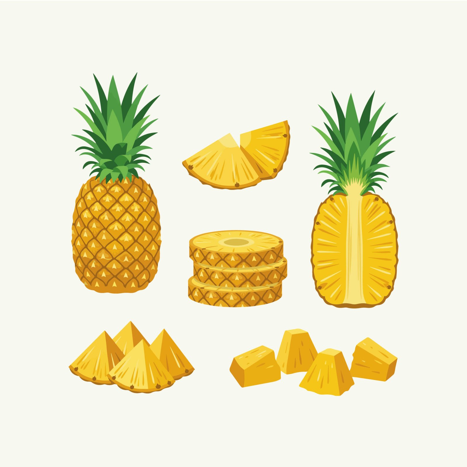 fresh-pineapple-fruit-set-with-slices-and-chunks-vector-illustration-isolated-on-white-background