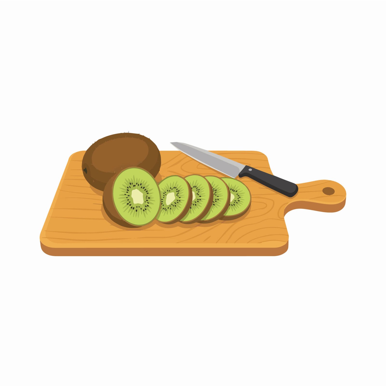 fresh-kiwi-slices-with-knife-on-wooden-chopping-board-vector