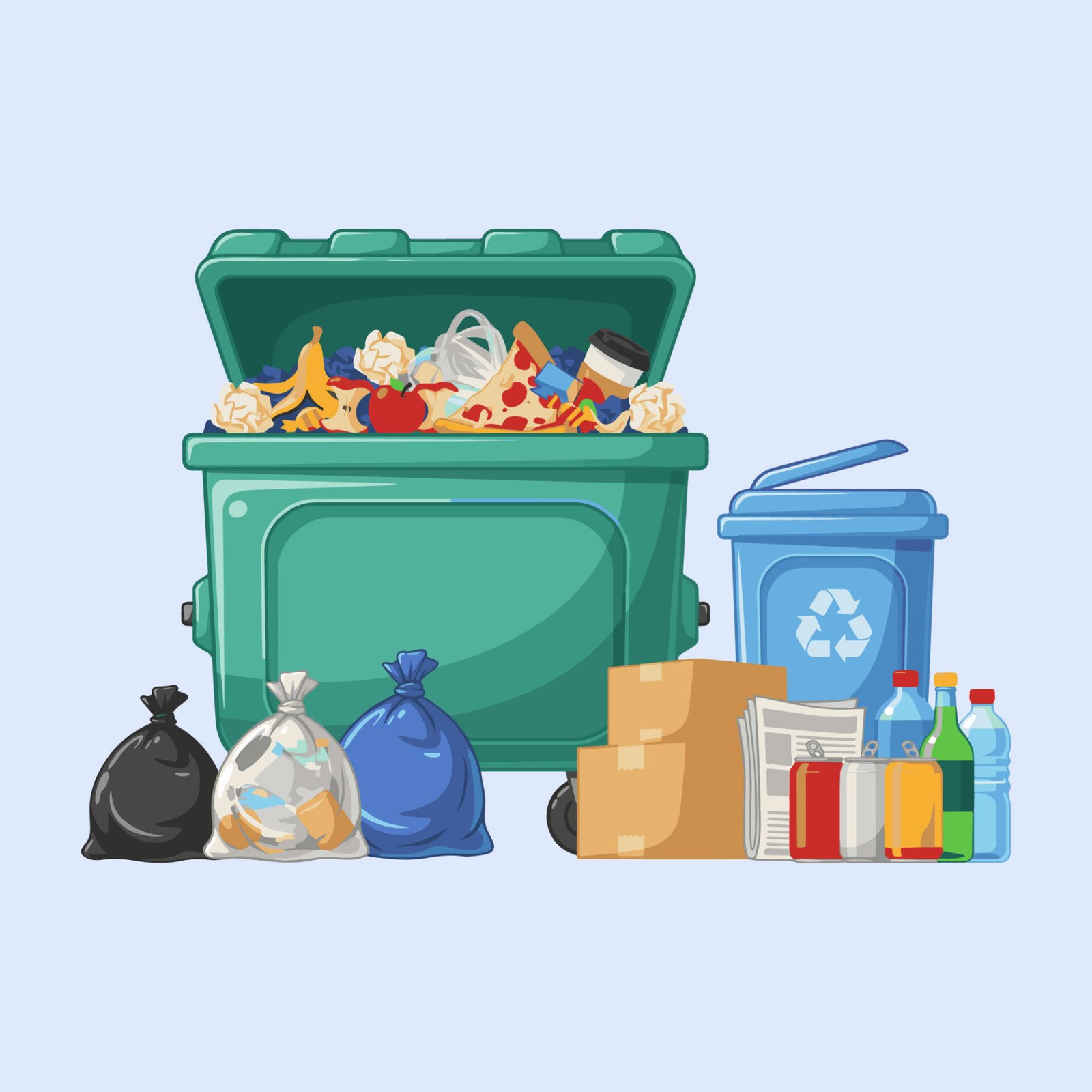 overflowing-garbage-dumpster-and-recycle-bin-vector-illustration