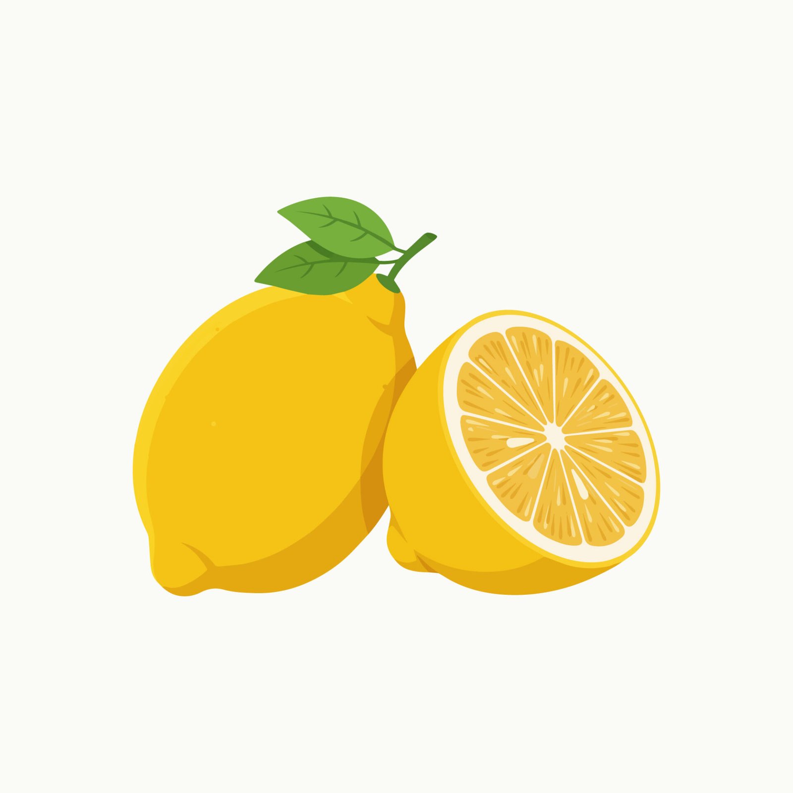 ripe-yellow-lemon-with-two-leaves-and-half-cut-slice-vector